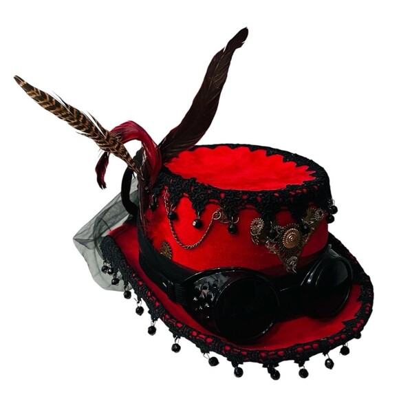 Deluxe Velvet 4.25"H Steampunk Full Size Top Hat Removable Goggles & Feathers - Picture 1 of 8